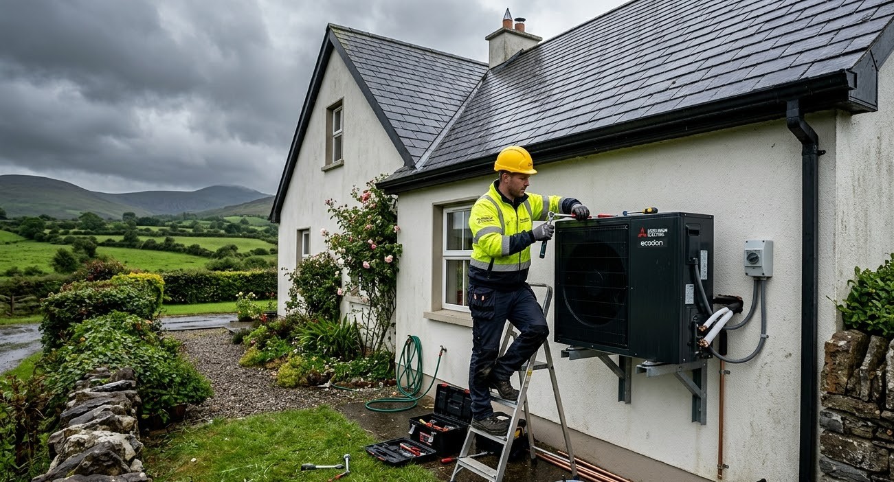 Mechanical contractor installing heat pump on Irish home